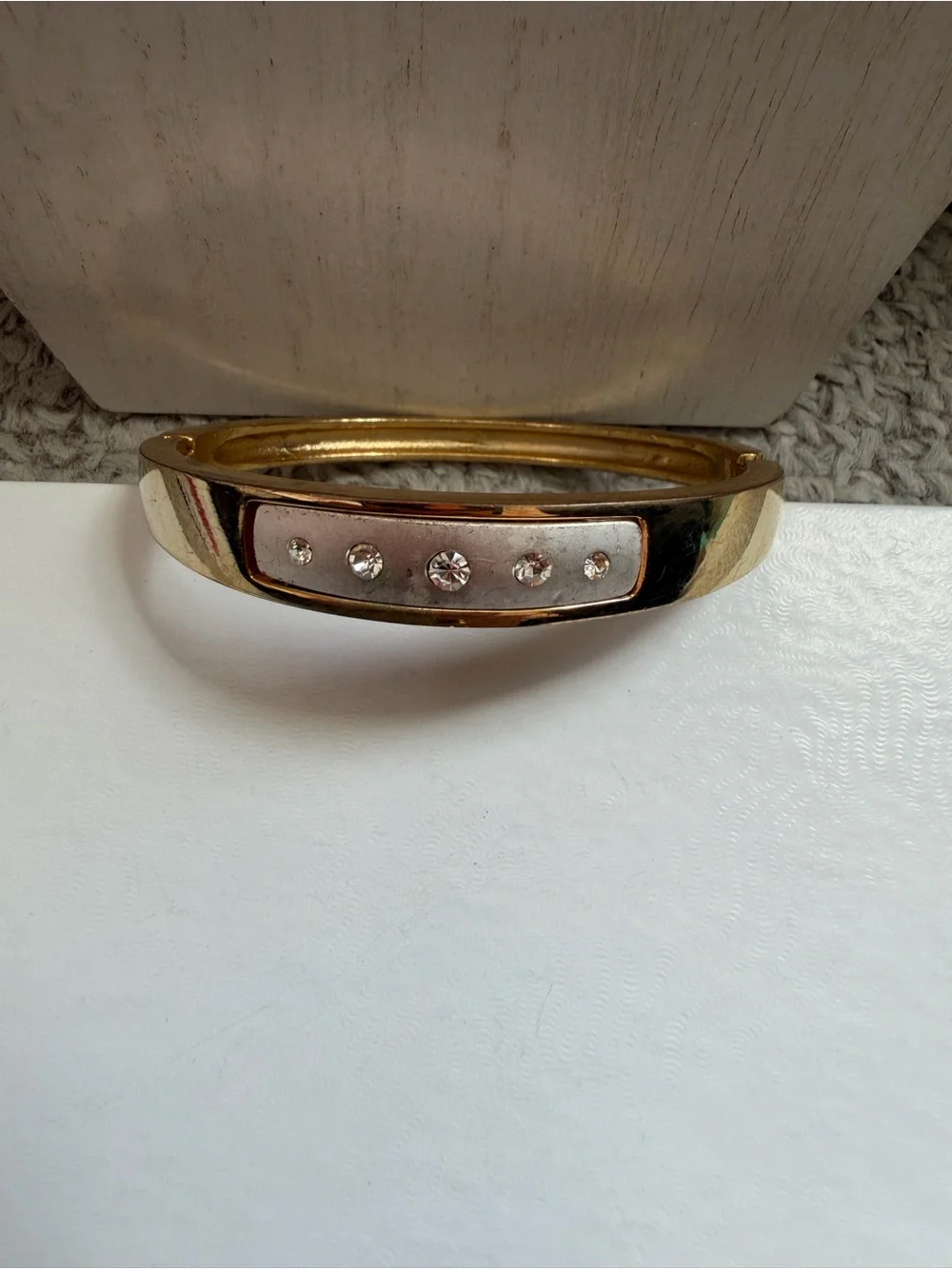 Vintage Two-Tone Hinged Bangle Bracelet with Rhinestones